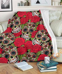 Rose Floral Sugar Skull Pattern Sherpa Fleece Blanket Gifts for Family, for Couple