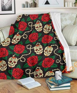 Rose Flower Sugar Skull Pattern Sherpa Fleece Blanket Gifts for Family, for Couple