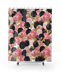 Roses Shower Curtain, Black And Peach Roses, Bathroom Decor, New Home Gift, Floral Shower Curtain