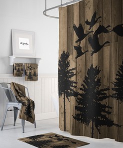 Rustic, Bathroom Decor, Shower Curtain, Towels, Bath Mat, Window Curtains, Pine Tree, and Geese