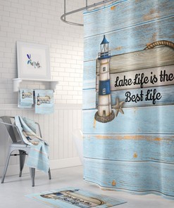 Rustic Coastal Shower Curtain Or Bathroom Set Lighthouse Nautical Bath Decor