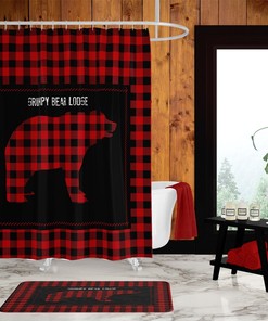 Rustic Country Shower Curtain, Lumberjack Plaid Grumpy Bear Lodge