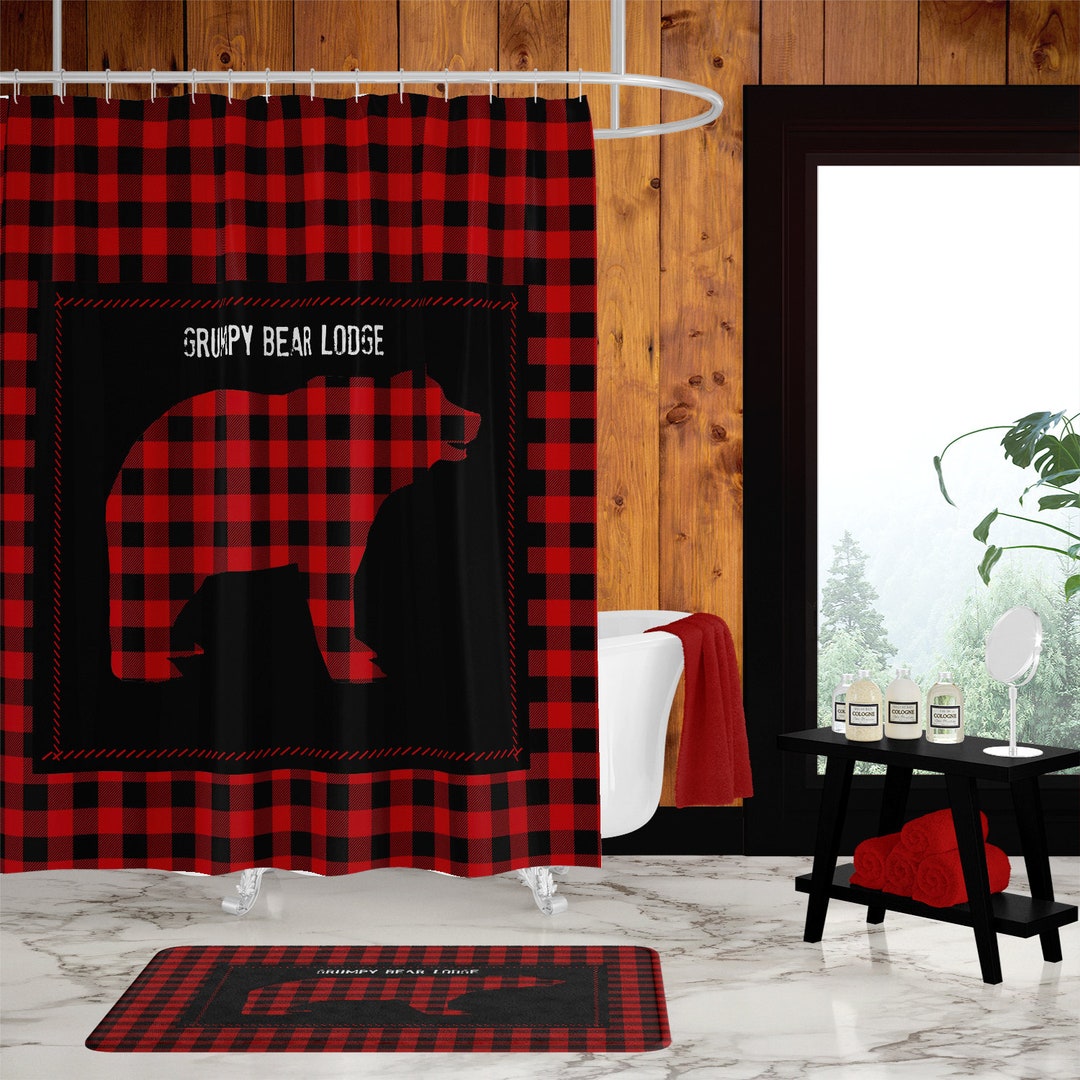 Rustic Country Shower Curtain, Lumberjack Plaid Grumpy Bear Lodge