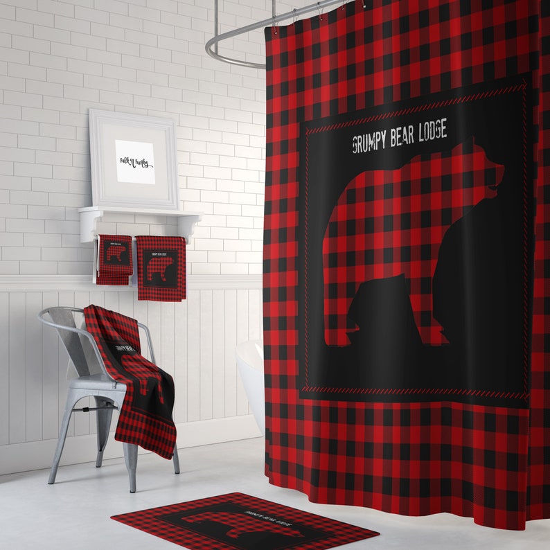 Rustic Country Shower Curtain, Lumberjack Plaid Grumpy Bear Lodge - Image 2