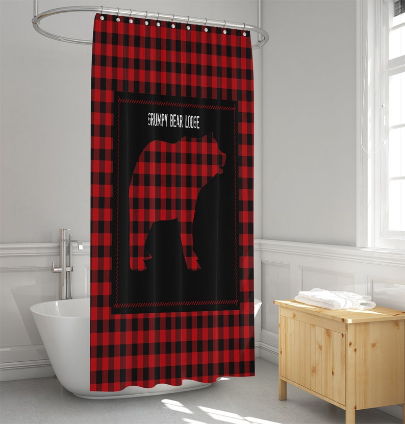 Rustic Country Shower Curtain, Lumberjack Plaid Grumpy Bear Lodge - Image 3