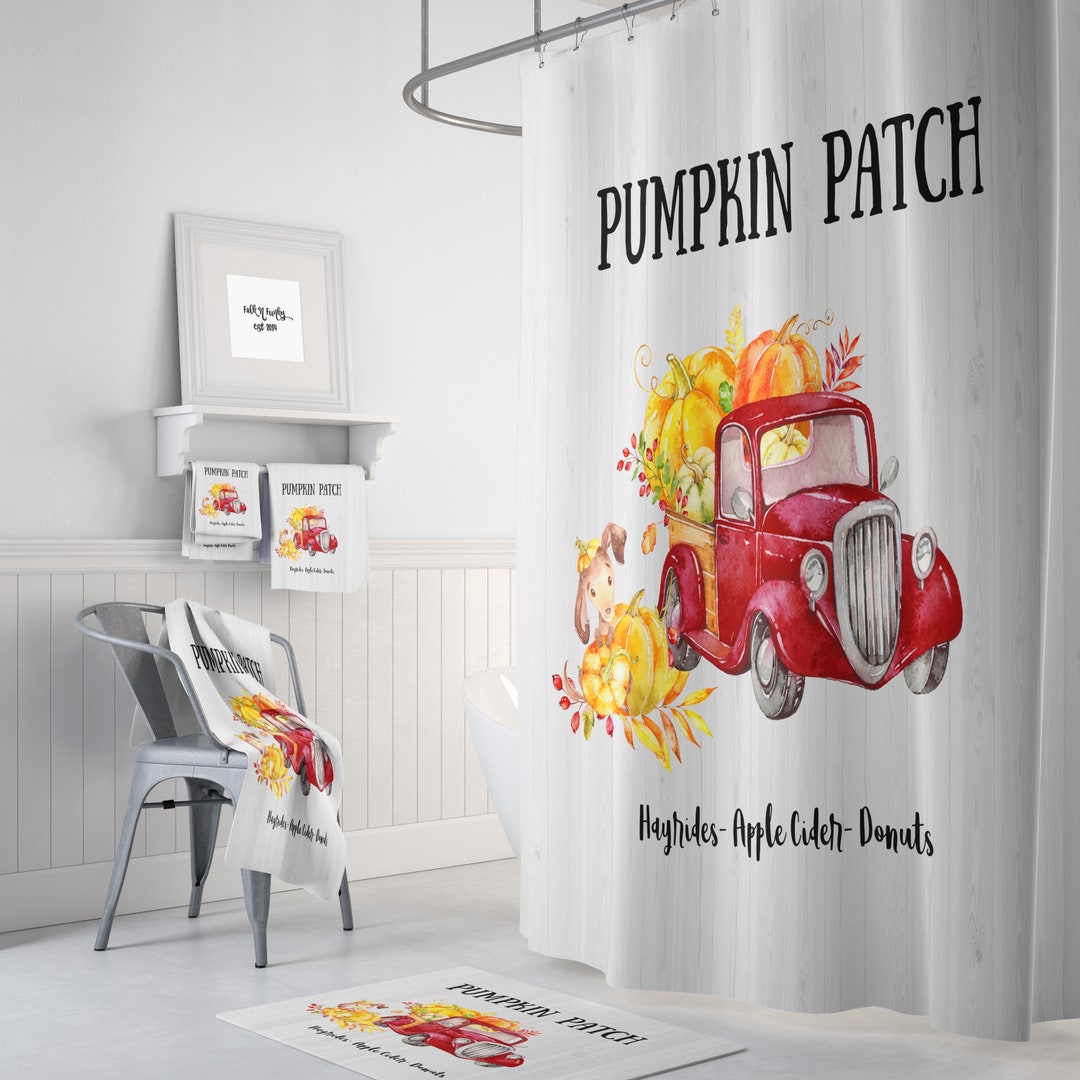 Rustic Country Shower Curtain, Old Truck, Pumpkin Patch, Hand Towel, Bath Towel, Bath