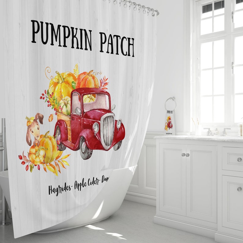 Rustic Country Shower Curtain, Old Truck, Pumpkin Patch, Hand Towel, Bath Towel, Bath - Image 2