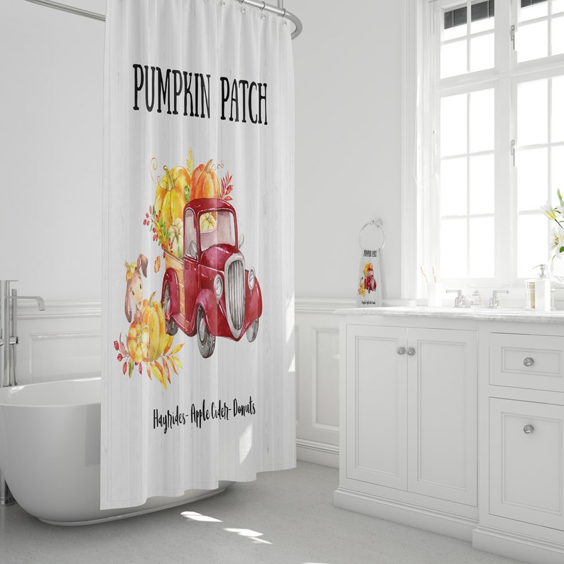 Rustic Country Shower Curtain, Old Truck, Pumpkin Patch, Hand Towel, Bath Towel, Bath - Image 3