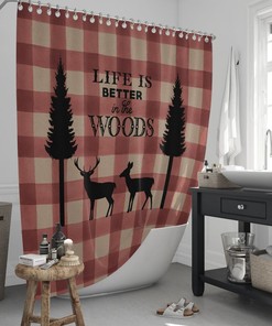 Rustic Deer Lodge Shower Curtain, Optional Bathroom Set, Buffalo Plaid