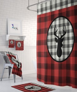 Rustic Deer Shower Curtain, Optional Bathroom Set, Buffalo Plaid