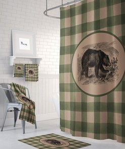 Rustic Plaid Bear Shower Curtain Optional Bathroom Set, Green Buffalo Plaid