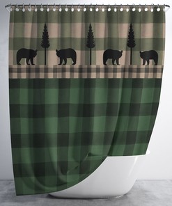 Rustic Plaid Bear Shower Curtain Optional Bathroom Set, Green Buffalo Plaid