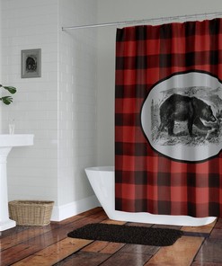Rustic Plaid Bear Shower Curtain Optional Bathroom Set, Red Buffalo Plaid
