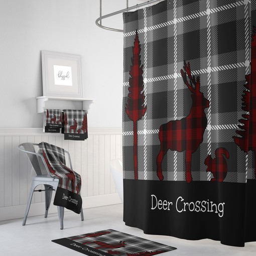 Rustic Plaid Deer Shower Curtain, Buffalo Plaid, Optional Bathroom Set