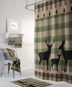 Rustic Plaid Deer Shower Curtain Optional Bathroom Set, Green Buffalo Plaid