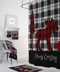 Rustic Plaid Moose Shower Curtain, Buffalo Plaid Optional Bathroom Set