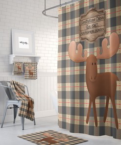 Rustic Shower Curtain, Personalized Brown Plaid with Moose