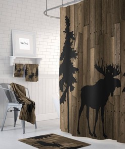 Rustic Woodland, Moose Trees, Faux Wood Shower Curtain, Bath Mat, Towels,