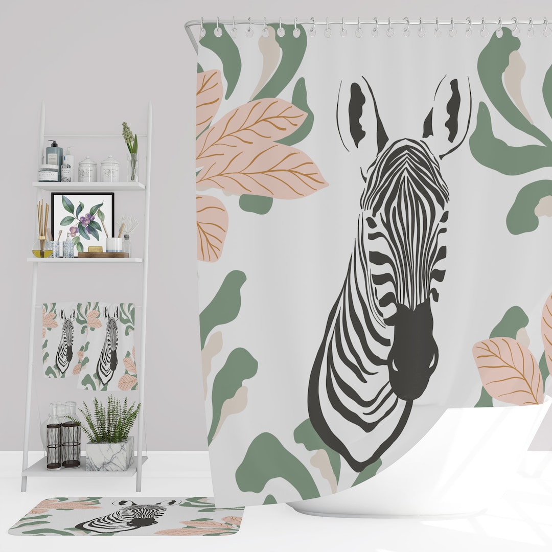 Safari Zebra Shower Curtain, Options to add Bath Mat, Towels