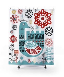 Scandinavian Folk Art Bird, Norwegian Danish Swedish Design, Teal, Red, Black Shower Curtain