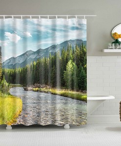 Scenic Mountain River View Shower Curtain, Outdoor Landscape Forest Pine Trees, Bathroom Curtain