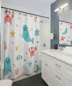 Sea Animals Theme Shower Curtain, Ocean Theme Shower Curtain, Coastal Bathroom, Fish Shower Curtain, Bathroom Decor