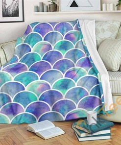 Sea Blue Mermaid Scales Pattern Sherpa Fleece Blanket Gifts for Family, for Couple
