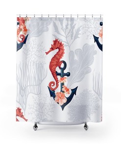 Seahorse And Anchor Art Shower Curtain, Beach Bath Decor, Nautical Bath, Coastal Shower Curtain
