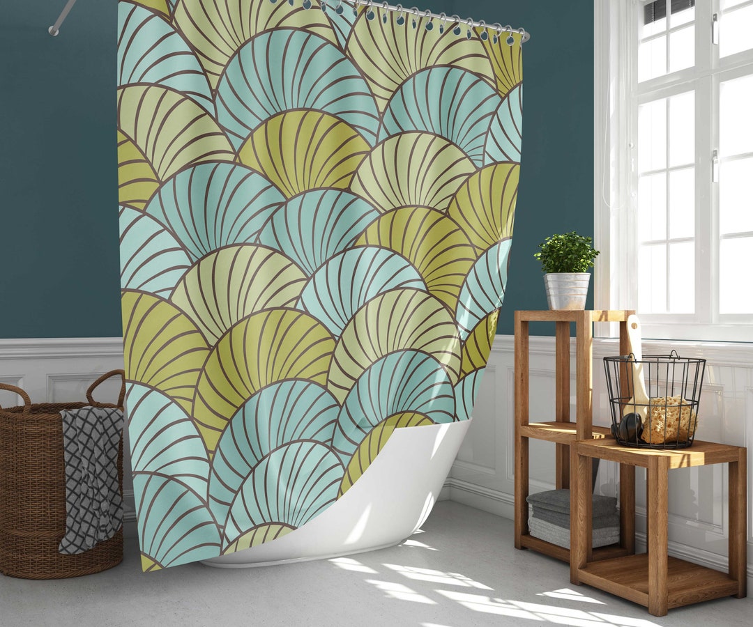 Seashell Blue Green Shower Curtain, Ocean Shore Sea Creature Beach Fabric Bathroom Curtain, Home Bath Set Decor, Housewarming Gift