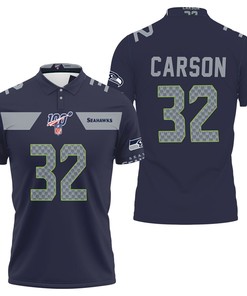 Seattle Seahawks Chris Carson #32 Nfl American Football Navy 100th Season Polo Shirt