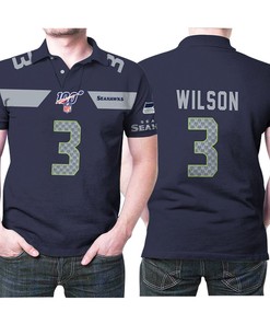 Seattle Seahawks Russell Wilson #3 Nfl American Football Navy 100th Season Polo Shirt