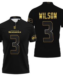 Seattle Seahawks Russell Wilson #3 Nfl American Football Team Black Golden Edition Polo Shirt