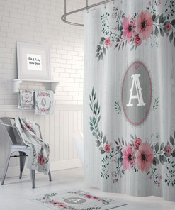 Shabby Custom Monogram Shower Curtain Optional Bath, Bath Towels Mat Bathroom Set Faux Wood And Roses