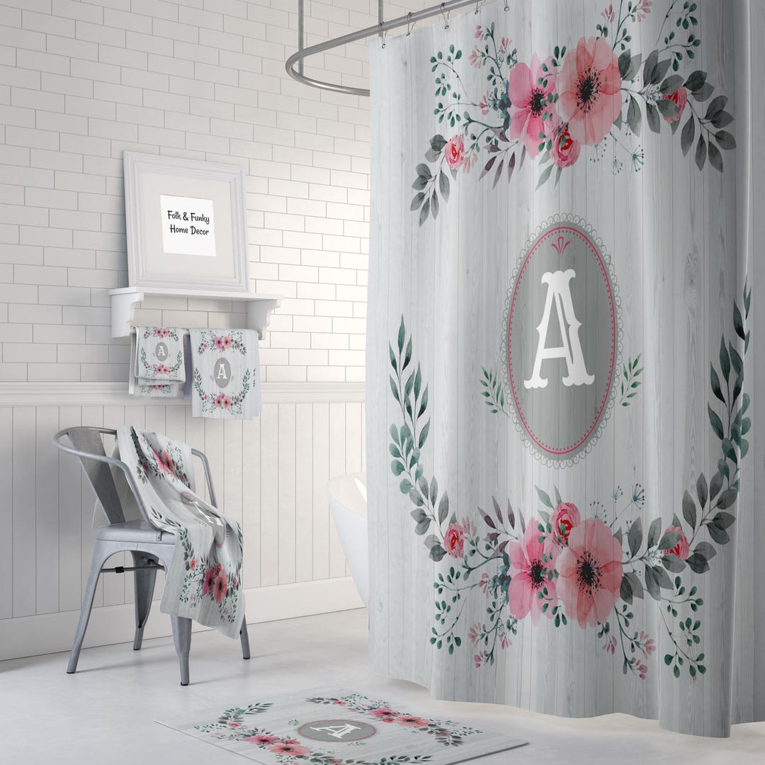 Shabby Custom Monogram Shower Curtain Optional Bath, Bath Towels Mat Bathroom Set Faux Wood And Roses