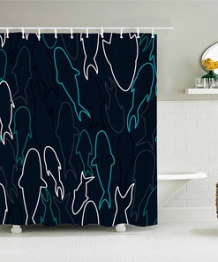 Shark In The Ocean Shower Curtain, Sea Fish Underwater Navy Blue, Home Bathroom Decor