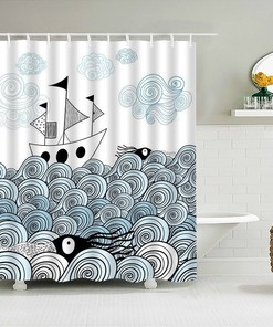 Ship In The Ocean Wave Shower Curtain, Blue Sea Beach Coastal Octopus Curtain, Bath Tub Curtain