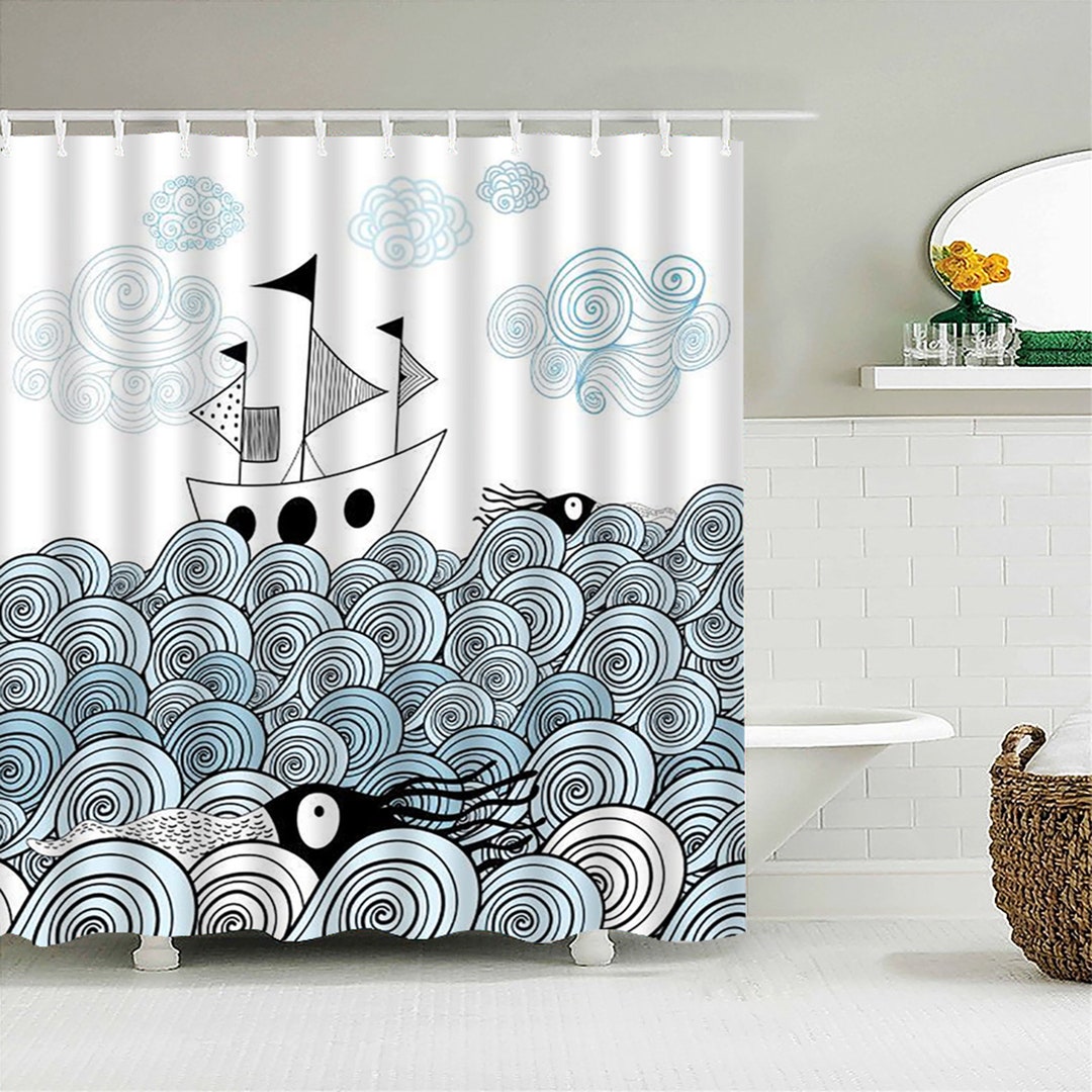 Ship In The Ocean Wave Shower Curtain, Blue Sea Beach Coastal Octopus Curtain, Bath Tub Curtain