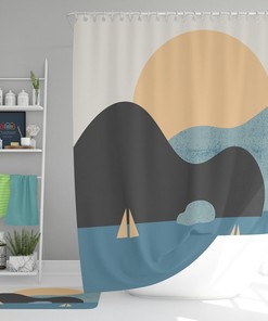 Ships In Blue Ocean Shower Curtain, Minimalist Boho Design, House Warming Gift