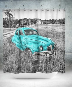 Shower Curtain, Antique Abandoned Pink Or Turquoise Car Retro Optional Bath