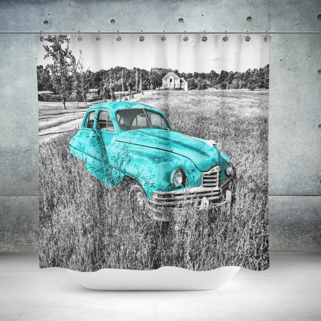 Shower Curtain, Antique Abandoned Pink Or Turquoise Car Retro Optional Bath