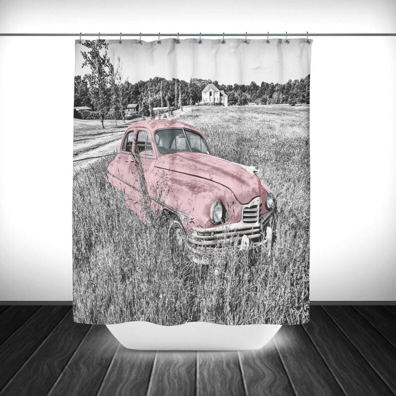 Shower Curtain, Antique Abandoned Pink Or Turquoise Car Retro Optional Bath - Image 2