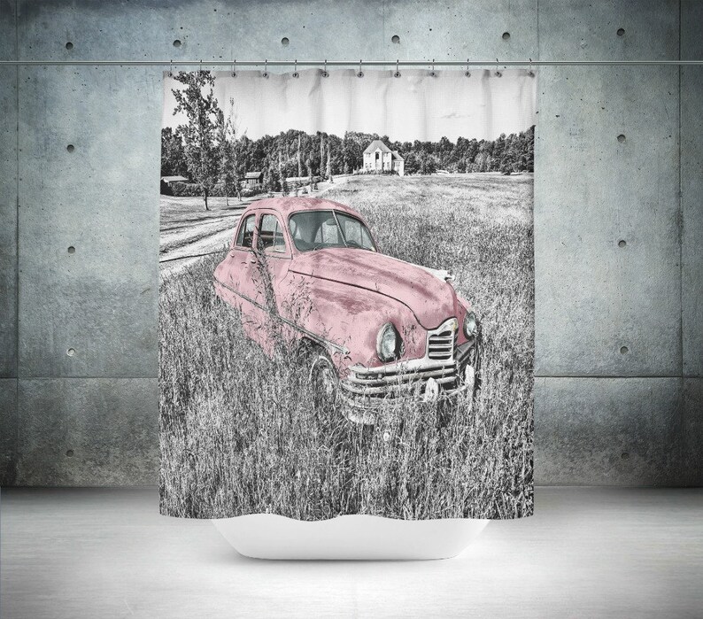 Shower Curtain, Antique Abandoned Pink Or Turquoise Car Retro Optional Bath - Image 3