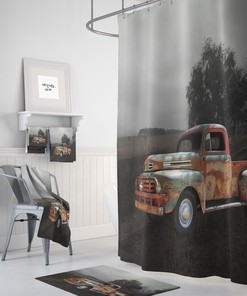 Shower Curtain, Antique Rusty Truck In Field Optional Bath