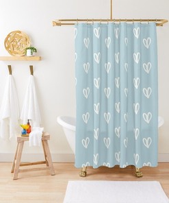 Shower Curtain Blue Hearts Love Boho Curtain Eco-Friendly Material Waterproof Extra Durable Boho Leaves Curtain Unique Decor