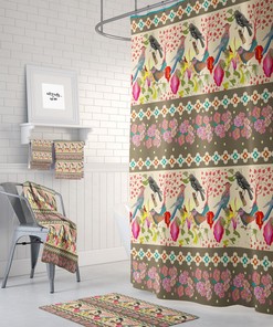 Shower Curtain, Boho Decor, Bird Pattern, Bath Mat, Towels Option