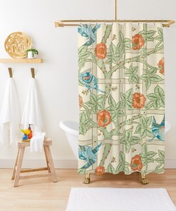 Shower Curtain Boho Flowers Birds Art Nouveau Nature Curtain Bohemian Eco-Friendly Waterproof Curtain Boho Decor