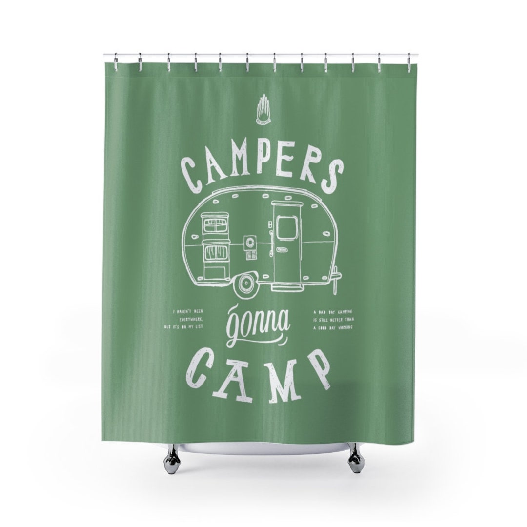 Shower Curtain Campers Gonna Camp - Green And White