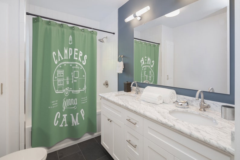 Shower Curtain Campers Gonna Camp - Green And White - Image 2