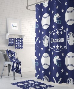 Shower Curtain, Custom Baseball Theme, Bath Mat, Towels, Personalized Banner, Blue and White, Bathroom Decor, Baseball Bathrooms