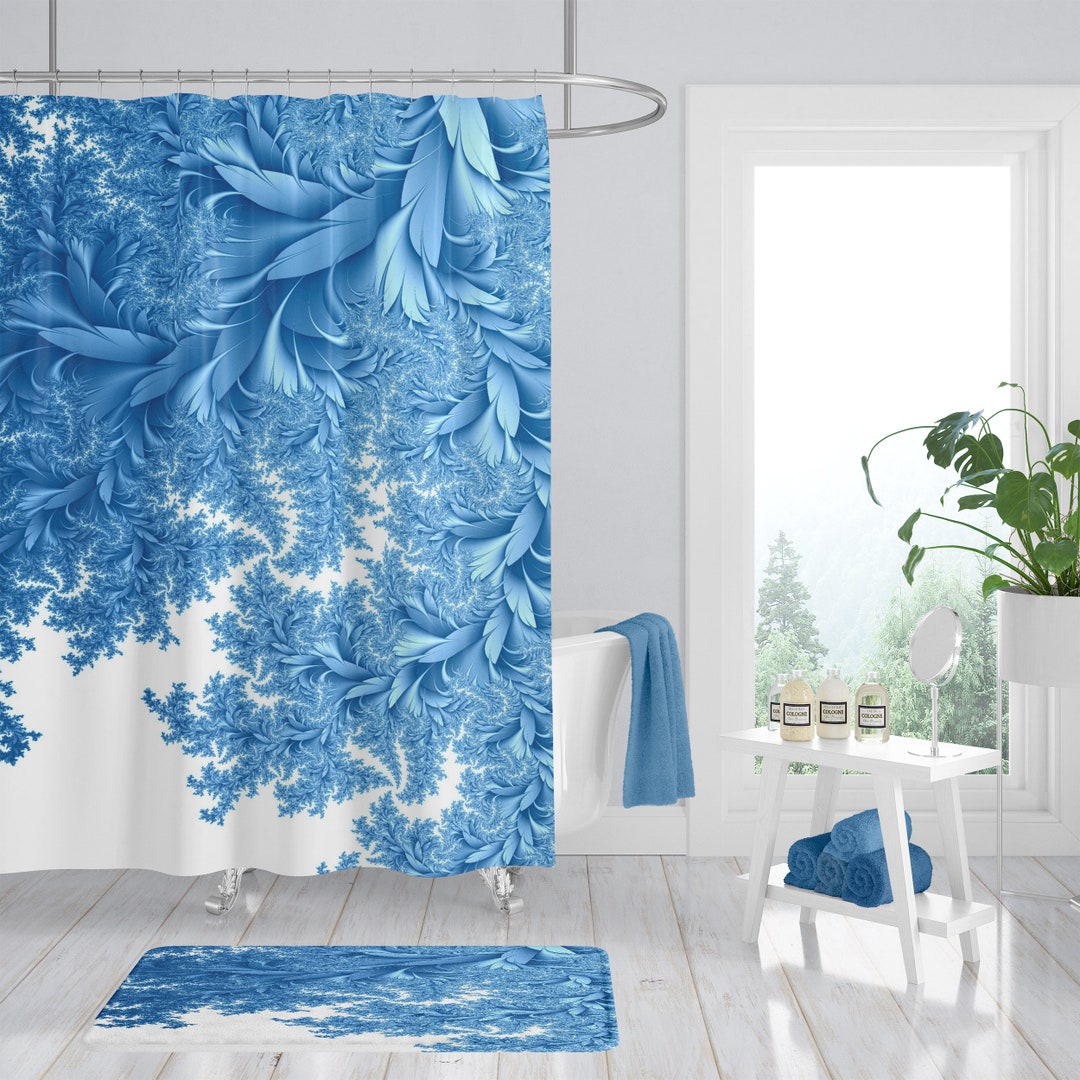 Shower Curtain, Elegant Blue, Draping Leaves, Bathroom Decor